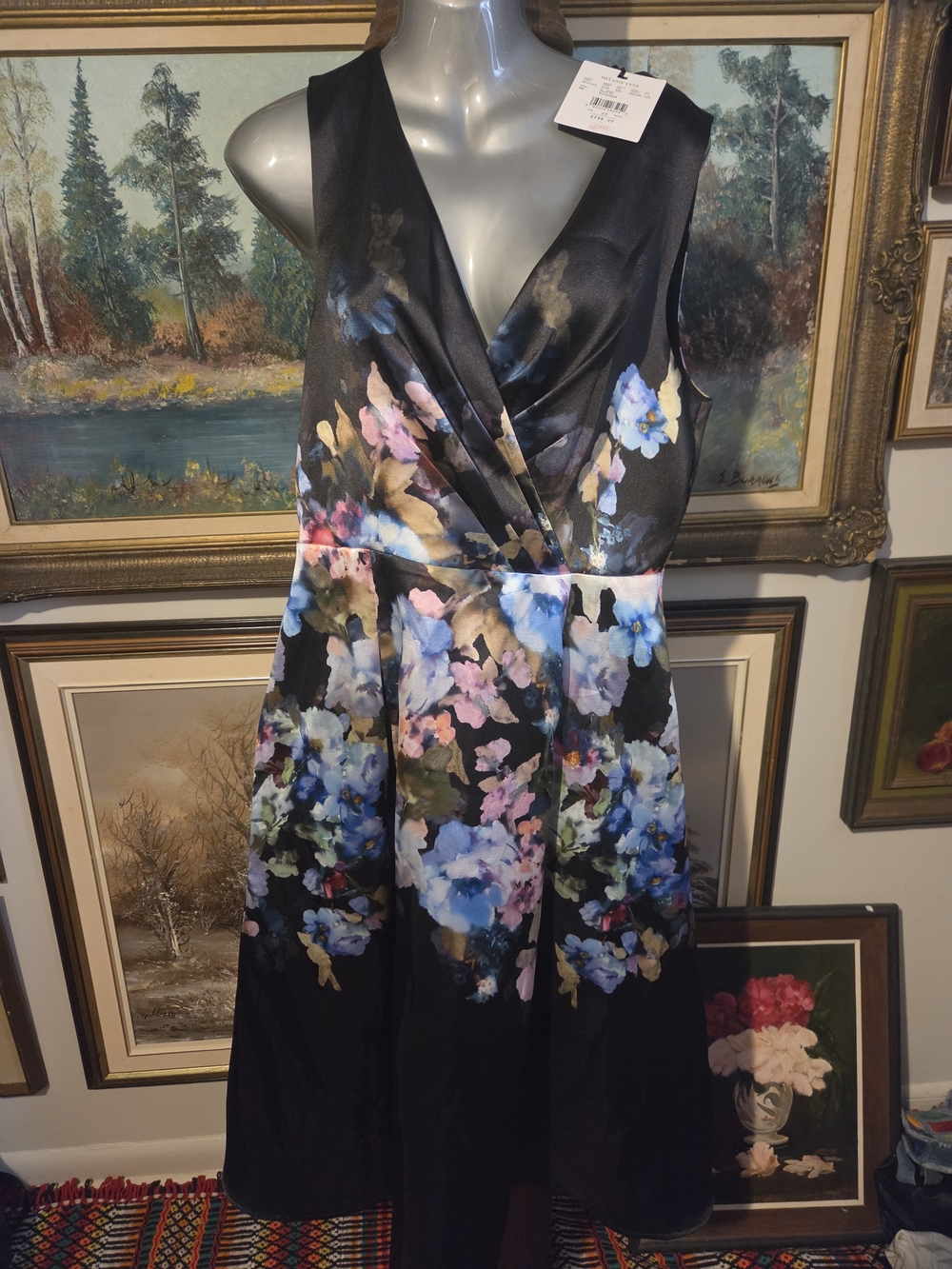 Floral V-Neck Fit & Flare Dress in Black with Blue and Pink Accents